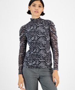 Bar III Women's Draped-Sleeve Animal-Print Mesh Top, Created For Macy's