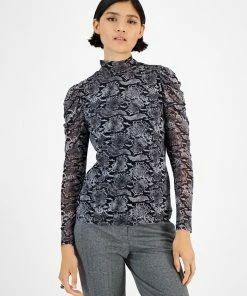 Bar III Women's Draped-Sleeve Animal-Print Mesh Top, Created For Macy's