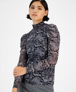 Bar III Women's Draped-Sleeve Animal-Print Mesh Top, Created For Macy's -CeCe cloth-shop 22299078 fpx