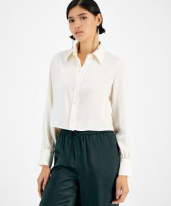 Bar III Women's Cropped Button-Front Long-Sleeve Blouse, Created For Macy's