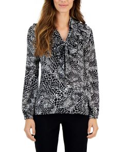 Kasper Women's Printed Tie V-Neck Ruffled Long-Sleeve Top