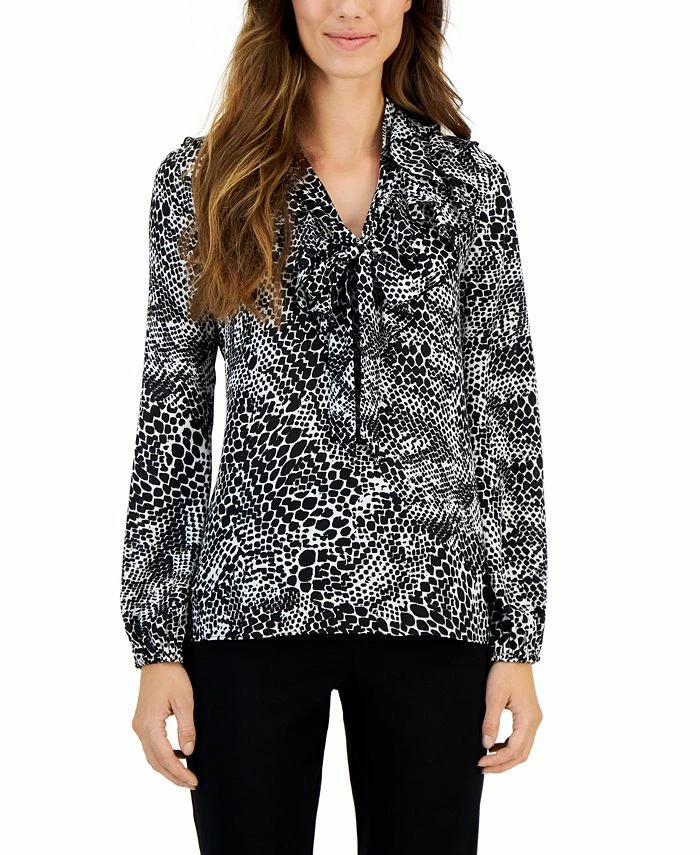 Kasper Women's Printed Tie V-Neck Ruffled Long-Sleeve Top