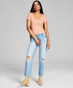 And Now This Women's Ruched-Front Ribbed Henley Top