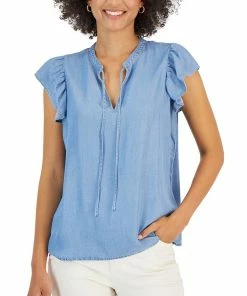 Style & Co Women's Chambray Flutter-Sleeve Top, Created For Macy's