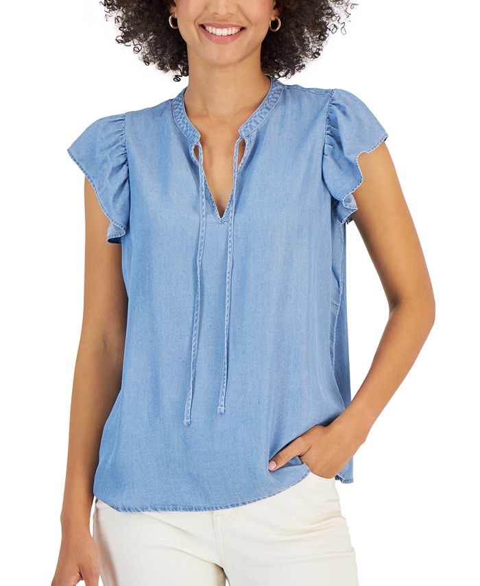 Women's Chambray Flutter-Sleeve Top, Created For Macy's Style & Co Women's Chambray Flutter-Sleeve Top, Created For Macy's -CeCe cloth-shop
