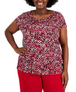 Kasper Plus Size Geo-Print Cowlneck Short-Sleeve Knit Top