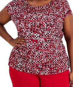 Kasper Plus Size Geo-Print Cowlneck Short-Sleeve Knit Top -CeCe cloth-shop 22336485 fpx