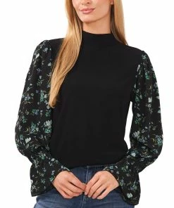 CeCe Women's Mock Neck Printed Sleeve Knit Top