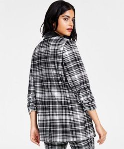 Alternative view of Bar III Women’s Plaid-Print Faux-Leather-Trim Blazer, Created For Macy’s