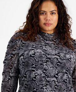Bar III Plus Size Draped-Sleeve Animal-Print Mesh Top, Created For Macy's -CeCe cloth-shop 22337634 fpx