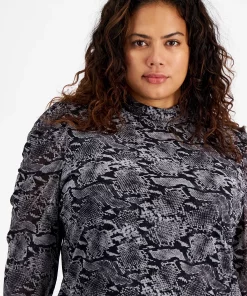 Bar III Plus Size Draped-Sleeve Animal-Print Mesh Top, Created For Macy's -CeCe cloth-shop 22337634 fpx