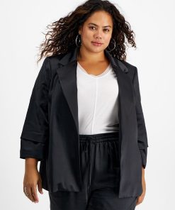 Bar III Plus Size Washed Satin Pleated-Sleeve Jacket, Created For Macy's