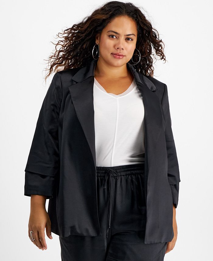 Plus Size Washed Satin Pleated-Sleeve Jacket, Created For Macy's Bar III Plus Size Washed Satin Pleated-Sleeve Jacket, Created For Macy's -CeCe cloth-shop