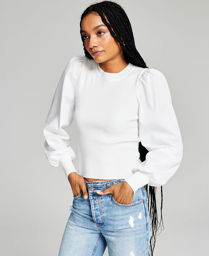 Women's Mixed-Media Puff-Sleeve Top And Now This Women's Mixed-Media Puff-Sleeve Top -CeCe cloth-shop