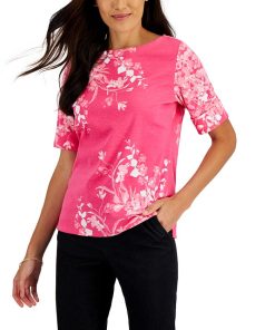 Karen Scott Women's Printed Elbow-Sleeve Boatneck Top, Created For Macy's