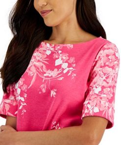 Karen Scott Women's Printed Elbow-Sleeve Boatneck Top, Created For Macy's -CeCe cloth-shop 22345703 fpx