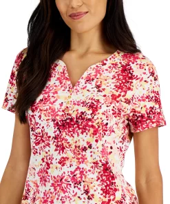 Karen Scott Women's Short-Sleeve Floral-Print Henley Top, Created For Macy's -CeCe cloth-shop 22346018 fpx