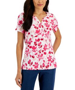 Karen Scott Women's Short-Sleeve Floral-Print Henley Top, Created For Macy's