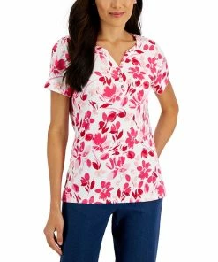 Karen Scott Women's Short-Sleeve Floral-Print Henley Top, Created For Macy's
