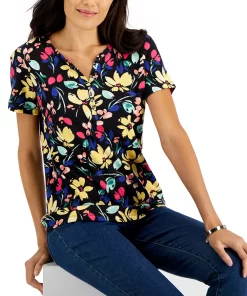 Karen Scott Women's Short-Sleeve Floral-Print Henley Top, Created For Macy's -CeCe cloth-shop 22346033 fpx