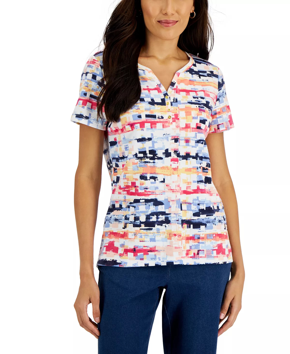 Women's Printed Short-Sleeve Henley Top, Created For Macy's Karen Scott Women's Printed Short-Sleeve Henley Top, Created For Macy's -CeCe cloth-shop