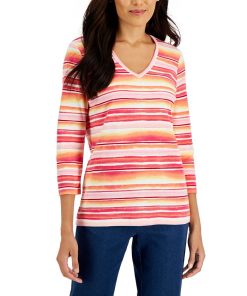Karen Scott Women's Waterview-Stripe 3/4-Sleeve Top, Created For Macy's