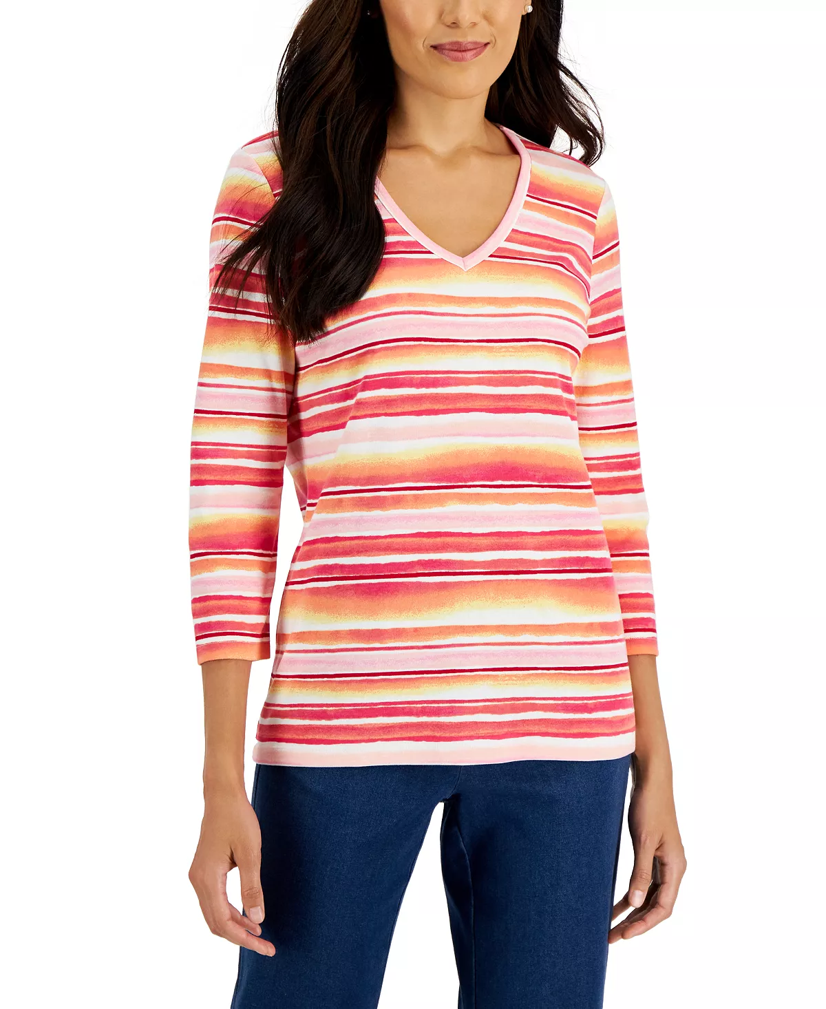 Karen Scott Women's Waterview-Stripe 3/4-Sleeve Top, Created For Macy's