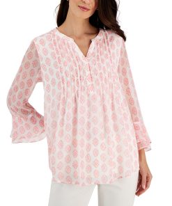 Charter Club Women's Medallion-Print Pintuck Top, Created For Macy's