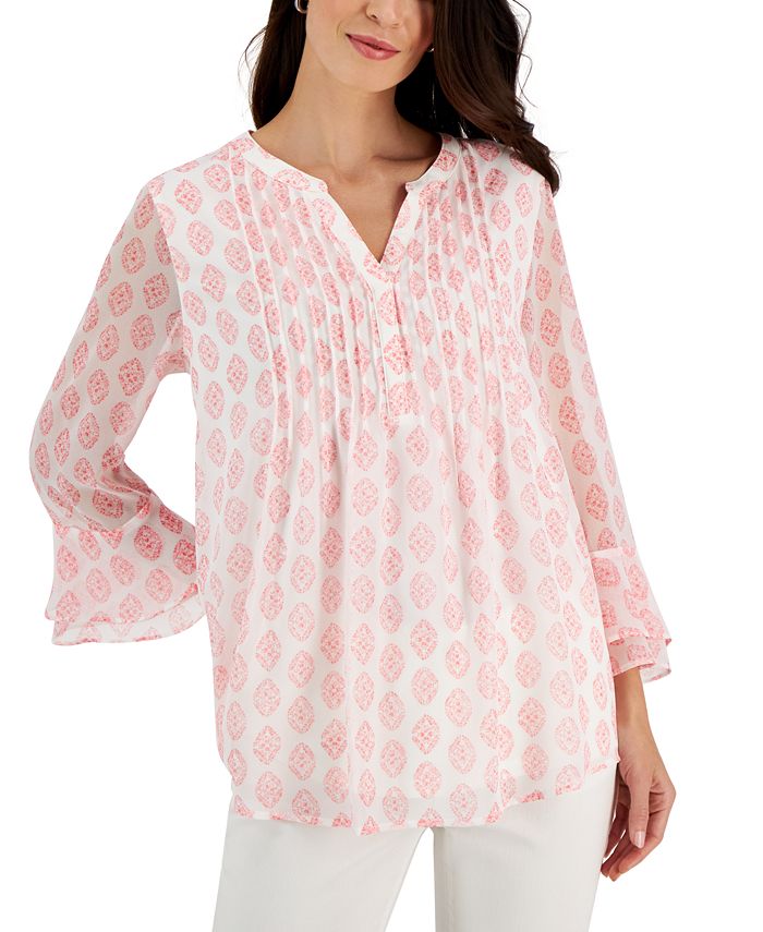 Women's Medallion-Print Pintuck Top, Created For Macy's Charter Club Women's Medallion-Print Pintuck Top, Created For Macy's -CeCe cloth-shop