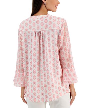 Women's Medallion-Print Pintuck Top, Created For Macy's Charter Club Women's Medallion-Print Pintuck Top, Created For Macy's -CeCe cloth-shop