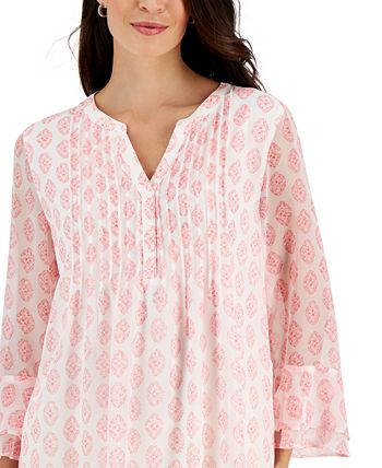 Women's Medallion-Print Pintuck Top, Created For Macy's Charter Club Women's Medallion-Print Pintuck Top, Created For Macy's -CeCe cloth-shop
