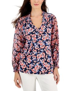 Charter Club Women's Floral Split-Neck Top, Created For Macy's