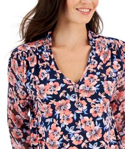 Charter Club Women's Floral Split-Neck Top, Created For Macy's -CeCe cloth-shop 22354191 fpx