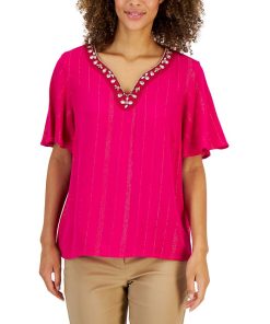 JM Collection Women's Embellished Split-Neck Top, Created For Macy's