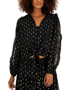 INC International Concepts Women's Long-Sleeve Metallic-Print Tie-Waist Blouse, Created For Macy's