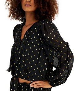 INC International Concepts Women's Long-Sleeve Metallic-Print Tie-Waist Blouse, Created For Macy's -CeCe cloth-shop 22360906 fpx