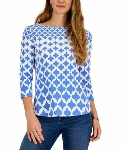 Charter Club Women's Cotton Printed 3/4-Sleeve Boat-Neck Top