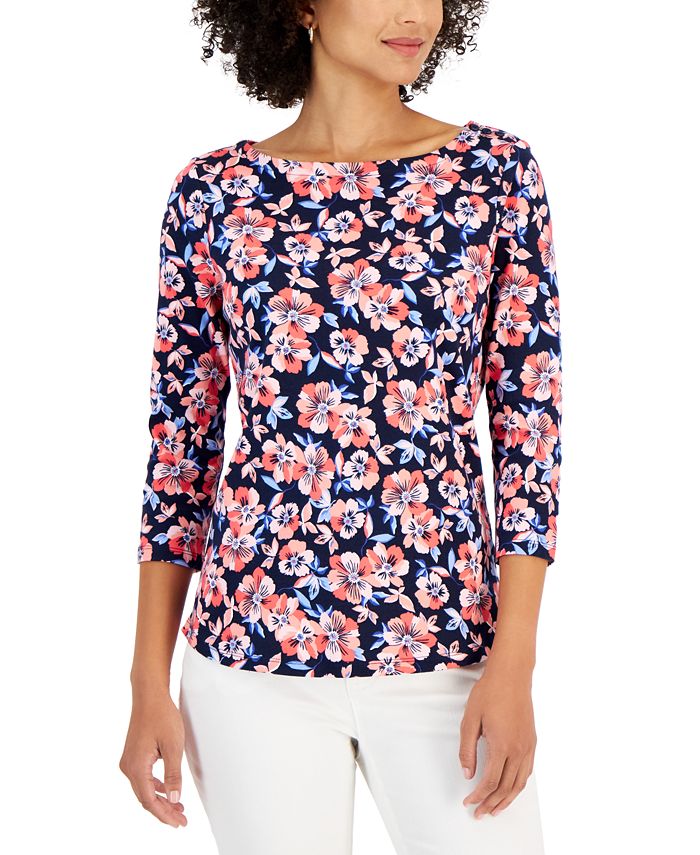 Women's Cotton Floral-Print Boat-Neck, Created For Macy's Charter Club Women's Cotton Floral-Print Boat-Neck, Created For Macy's -CeCe cloth-shop