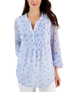 Charter Club Women's Floral-Print Pintuck Top, Created For Macy's