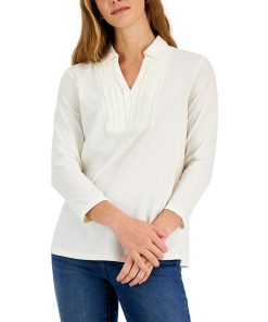 Charter Club Women's Piqué-Knit Pleated-Neck Top, Created For Macy's