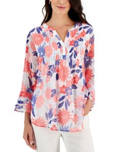 Charter Club Women's Garden Print Pintuck Top, Created For Macy's