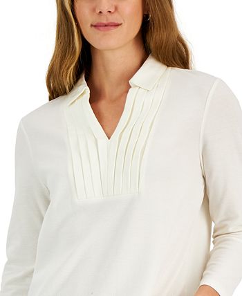 Charter Club Women's Piqué-Knit Pleated-Neck Top, Created For Macy's 3 Charter Club Women's Piqué-Knit Pleated-Neck Top, Created For Macy's - Image 3