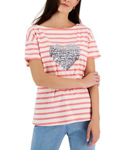 Charter Club Women's Striped Heart-Print Knit Top, Created For Macy's