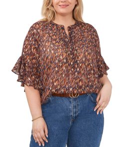 Vince Camuto Plus Size Printed Split-Neck Ruffle-Sleeve Blouse