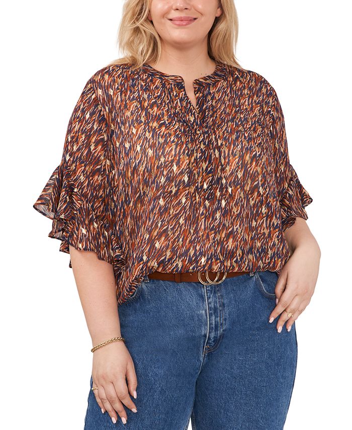 Vince Camuto Plus Size Printed Split-Neck Ruffle-Sleeve Blouse 1 Vince Camuto Plus Size Printed Split-Neck Ruffle-Sleeve Blouse
