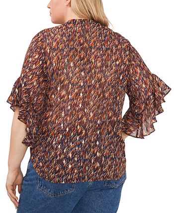 Vince Camuto Plus Size Printed Split-Neck Ruffle-Sleeve Blouse 3 Vince Camuto Plus Size Printed Split-Neck Ruffle-Sleeve Blouse - Image 3