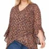 Vince Camuto Plus Size Printed Ruffle-Cuff 3/4-Sleeve Blouse