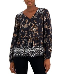 Style & Co Women's Printed V-Neck Peasant Top, Created For Macy's