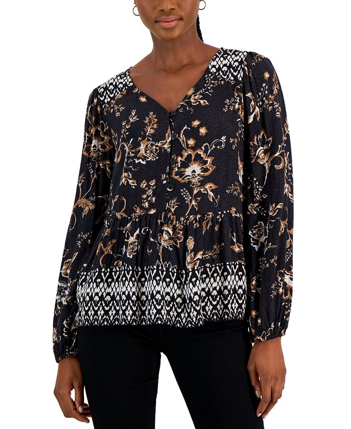Women's Printed V-Neck Peasant Top, Created For Macy's Style & Co Women's Printed V-Neck Peasant Top, Created For Macy's -CeCe cloth-shop