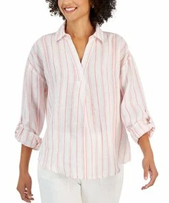 Charter Club Women's Linen Metallic-Stripe Top, Created For Macy's